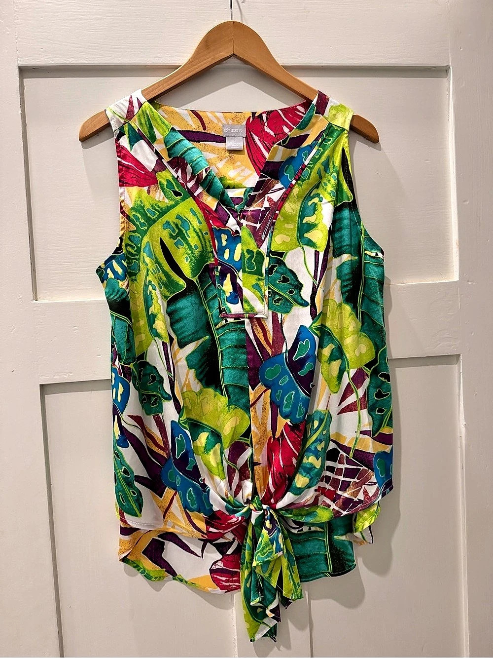 Chico's Tropical Leaf Print Knot Front Tank Multicolor Size 8/10